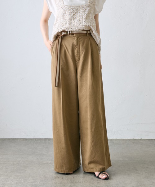 PUAL CE CIN（ピュアルセシン）の「ラインベルト付き高密度コットンワイドパンツ（その他パンツ・レディース・キャメル/チャコールグレー/カーキ・FREE）」の10枚目の写真
