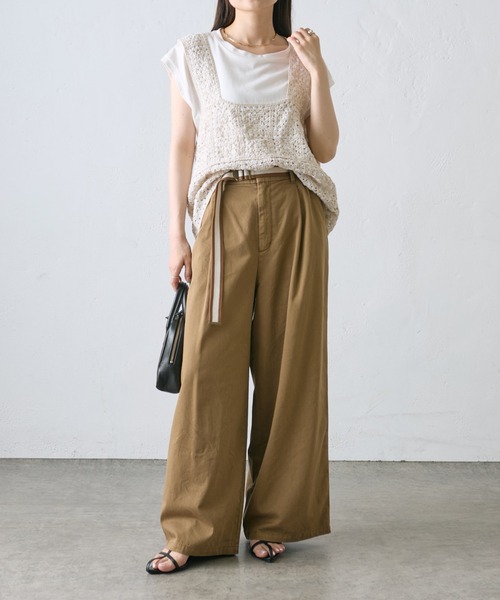 PUAL CE CIN（ピュアルセシン）の「ラインベルト付き高密度コットンワイドパンツ（その他パンツ・レディース・キャメル/チャコールグレー/カーキ・FREE）」の6枚目の写真