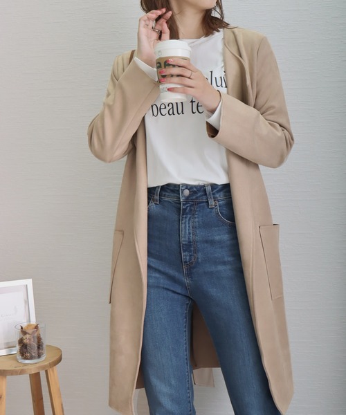 libelle more(リベル モア)の「スウェードポンチベルト付きノーカラーコート(ノーカラーコート・レディース・グレー/アイボリー/モカ/ベージュ/ピンク・L/M)」の4枚目の写真