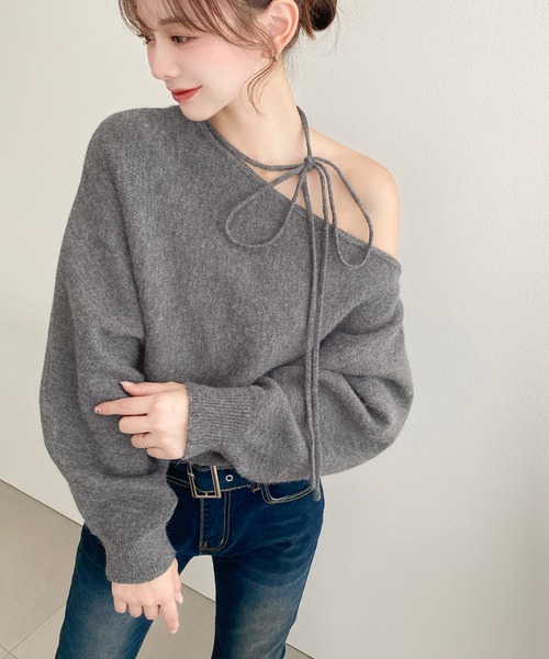 セール】ストラップチョーカーネックリボンアシメワンショルダーニット