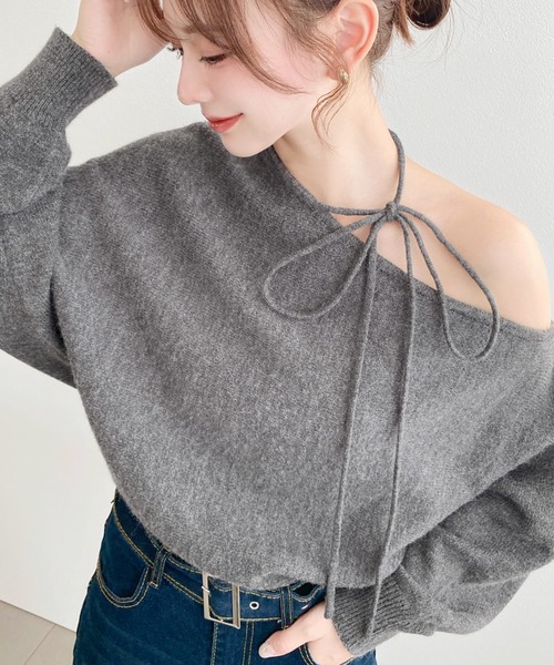 新品タグ付き♡ミストレアス♡ホイップ♡ニット♡グレー セール】ストラップチョーカーネックリボンアシメワンショルダーニット
