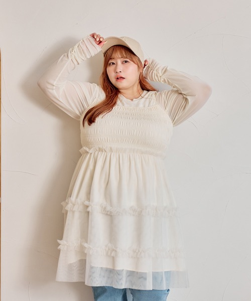 Louiosy(ルオシー)の「【大きいサイズ】チュールキャミビスチェ&ロンTセット(Tシャツ/カットソー・レディース・アイボリー/ブラック/グレー・3L/4L)」の2枚目の写真