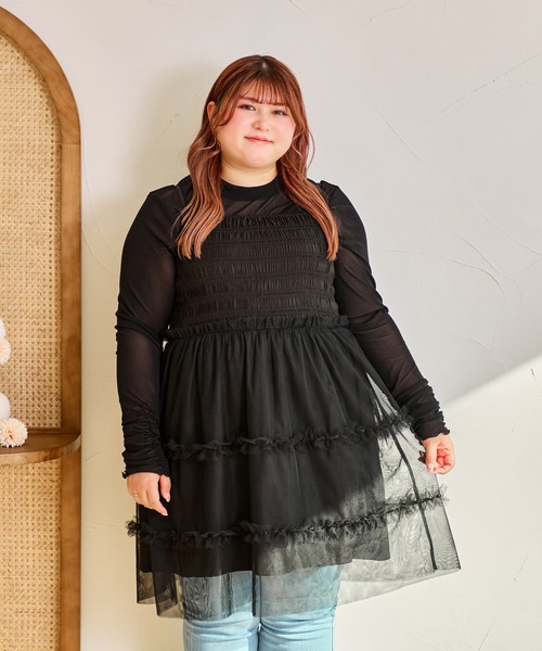 Louiosy(ルオシー)の「【大きいサイズ】チュールキャミビスチェ&ロンTセット(Tシャツ/カットソー・レディース・アイボリー/ブラック/グレー・3L/4L)」の3枚目の写真