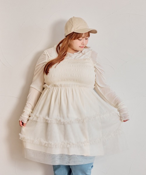 Louiosy(ルオシー)の「【大きいサイズ】チュールキャミビスチェ&ロンTセット(Tシャツ/カットソー・レディース・アイボリー/ブラック/グレー・3L/4L)」の4枚目の写真