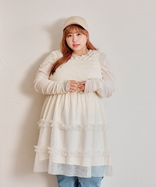 Louiosy(ルオシー)の「【大きいサイズ】チュールキャミビスチェ&ロンTセット(Tシャツ/カットソー・レディース・アイボリー/ブラック/グレー・3L/4L)」の5枚目の写真
