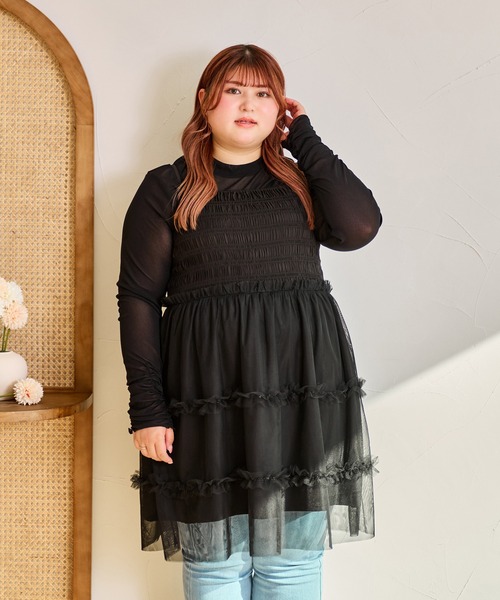 Louiosy(ルオシー)の「【大きいサイズ】チュールキャミビスチェ&ロンTセット(Tシャツ/カットソー・レディース・アイボリー/ブラック/グレー・3L/4L)」の11枚目の写真