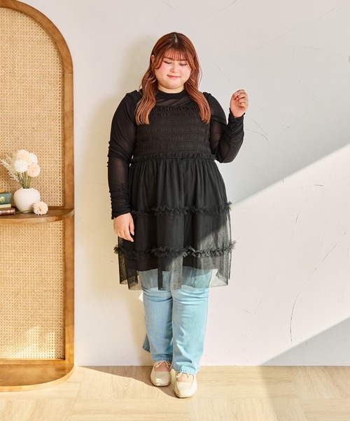 Louiosy(ルオシー)の「【大きいサイズ】チュールキャミビスチェ&ロンTセット(Tシャツ/カットソー・レディース・アイボリー/ブラック/グレー・3L/4L)」の13枚目の写真