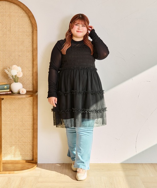 Louiosy(ルオシー)の「【大きいサイズ】チュールキャミビスチェ&ロンTセット(Tシャツ/カットソー・レディース・アイボリー/ブラック/グレー・3L/4L)」の14枚目の写真