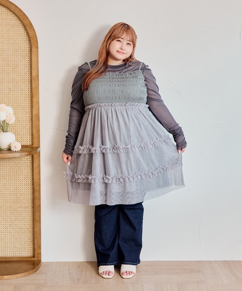 Louiosy(ルオシー)の「【大きいサイズ】チュールキャミビスチェ&ロンTセット(Tシャツ/カットソー・レディース・アイボリー/ブラック/グレー・3L/4L)」の21枚目の写真