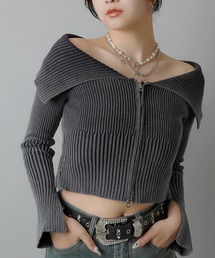 Wジップ長袖オフショルニット / ピグメント加工