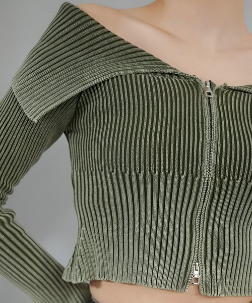 SPINNS（スピンズ）の「Wジップ長袖オフショルニット / ピグメント加工（ニット/セーター・レディース・ブルー/ブラック/カーキ・ONESIZE）」の5枚目の写真