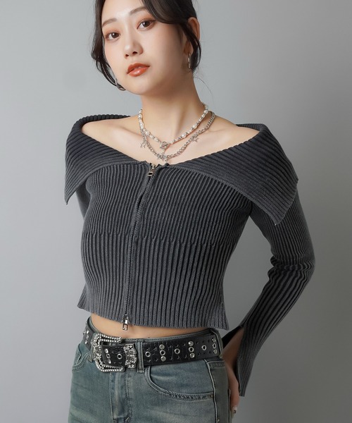 SPINNS（スピンズ）の「Wジップ長袖オフショルニット / ピグメント加工（ニット/セーター・レディース・ブルー/ブラック/カーキ・ONESIZE）」の17枚目の写真