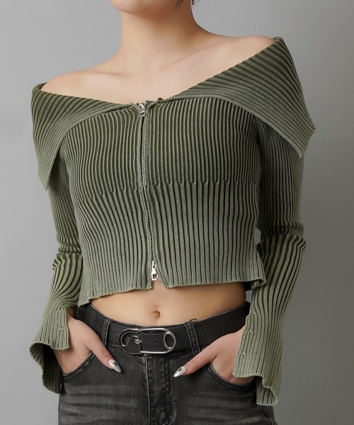 SPINNS（スピンズ）の「Wジップ長袖オフショルニット / ピグメント加工（ニット/セーター・レディース・ブルー/ブラック/カーキ・ONESIZE）」の20枚目の写真