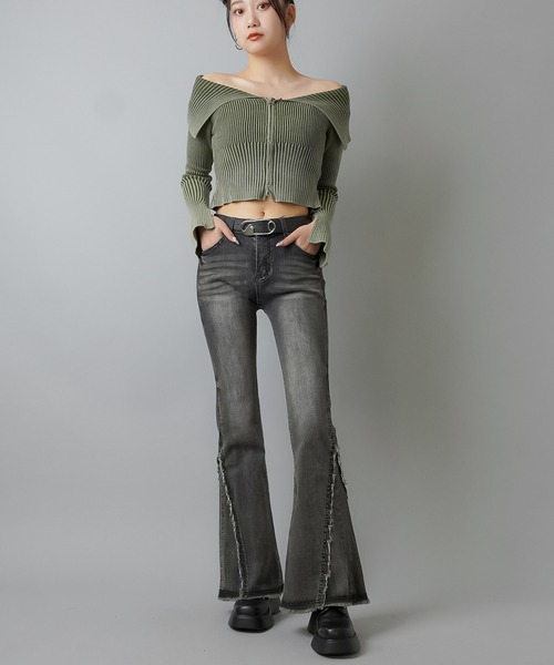 SPINNS（スピンズ）の「Wジップ長袖オフショルニット / ピグメント加工（ニット/セーター・レディース・ブルー/ブラック/カーキ・ONESIZE）」の4枚目の写真