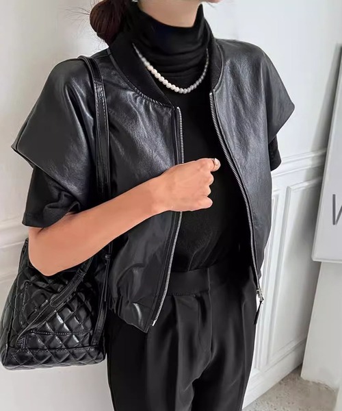 【セール】合成皮革 フレンチスリーブフライトジレ（ベスト）｜meJane（ミージェーン）