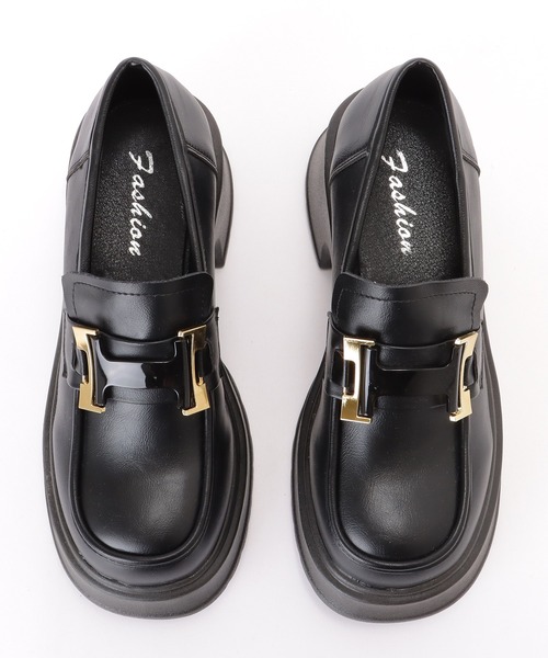 ブラック ローファー バックル付き セール】レザー調 バックル付き 厚底 クラシック ローファー