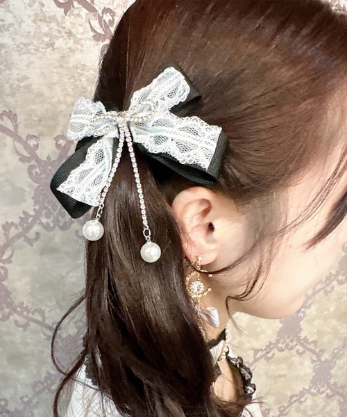 ビジュリボン付レースレイヤードクリップセット（バレッタ/ヘア