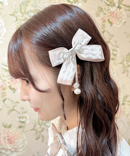 ビジュリボン付レースレイヤードクリップセット（バレッタ/ヘア