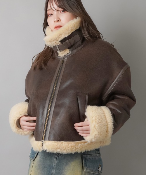 SPINNS（スピンズ）の「裏ボアムートンジャケット（ムートンコート・レディース・ブラウン/ブラック・ONESIZE）」の12枚目の写真