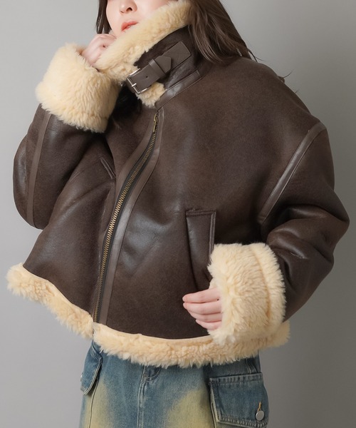 SPINNS（スピンズ）の「裏ボアムートンジャケット（ムートンコート・レディース・ブラウン/ブラック・ONESIZE）」の13枚目の写真