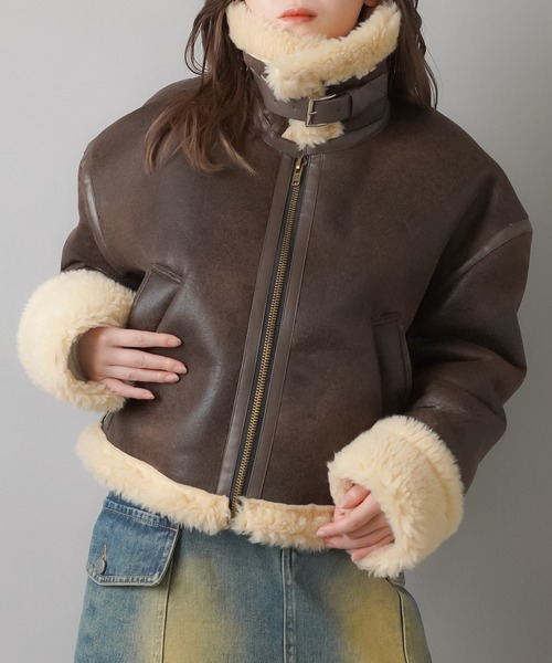 SPINNS（スピンズ）の「裏ボアムートンジャケット（ムートンコート・レディース・ブラウン/ブラック・ONESIZE）」の14枚目の写真