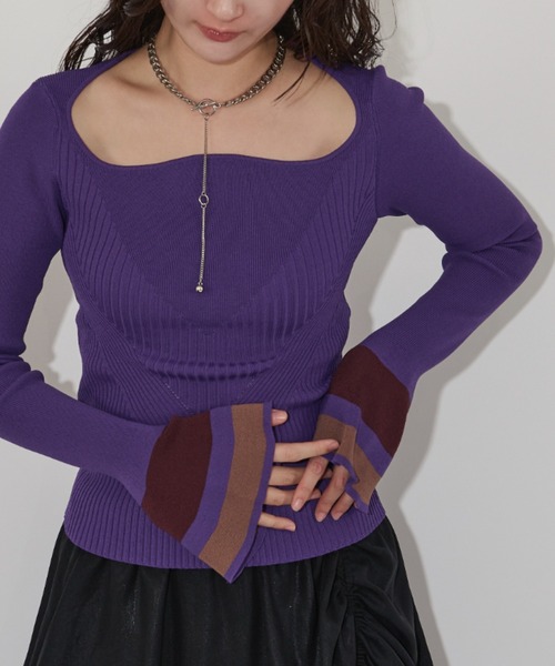 ニット セーター Wavy neck 配色ベルスリーブニット レディース Wavy neck 配色ベルスリーブニット（ニット/セーター）｜Ezick