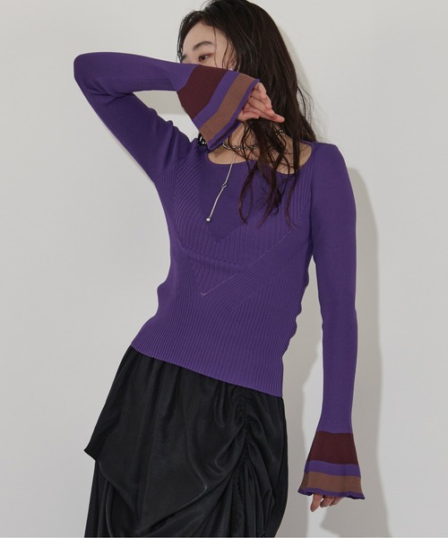ニット セーター Wavy neck 配色ベルスリーブニット レディース Wavy neck 配色ベルスリーブニット（ニット/セーター）｜Ezick