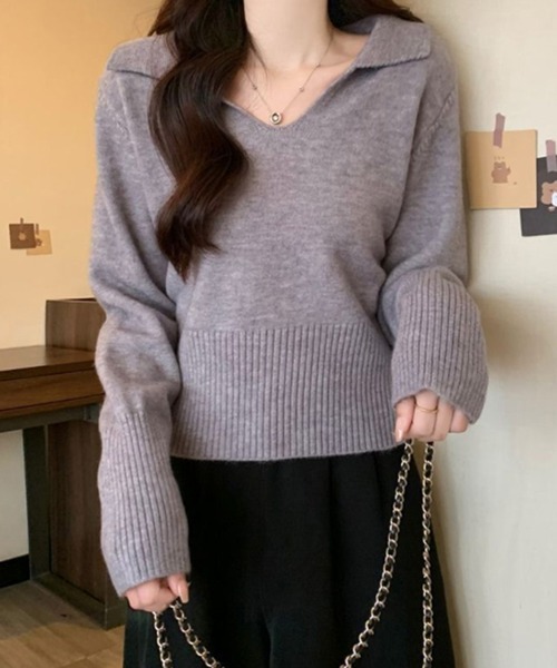 STYLEBLOCK（スタイルブロック）の「襟付きVネックニット（ニット/セーター・レディース・ブラウン/ライトグレー/ベージュ系その他・FREE）」の2枚目の写真