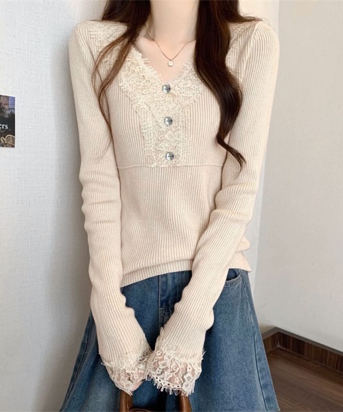 Miniministore(ミニミニストア)の「ニットトップス レース切り替えリブニット(ニット/セーター・レディース・ピンクベージュ/アイボリー/ブラック・FREE)」の3枚目の写真