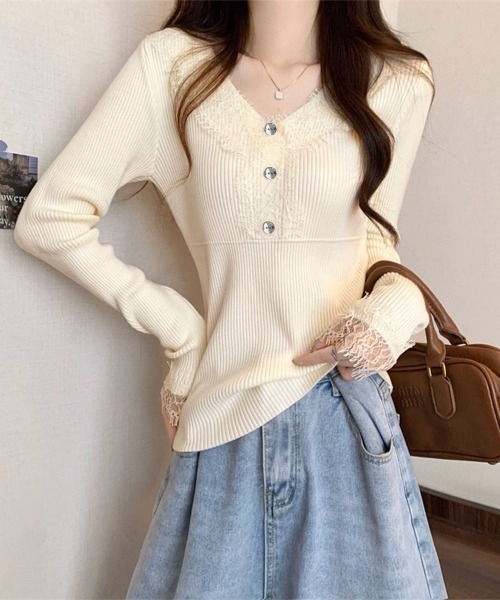 Miniministore(ミニミニストア)の「ニットトップス レース切り替えリブニット(ニット/セーター・レディース・ピンクベージュ/アイボリー/ブラック・FREE)」の5枚目の写真