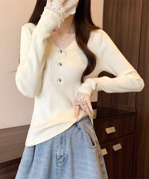 Miniministore(ミニミニストア)の「ニットトップス レース切り替えリブニット(ニット/セーター・レディース・ピンクベージュ/アイボリー/ブラック・FREE)」の6枚目の写真