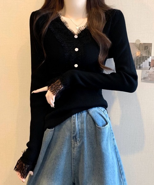Miniministore(ミニミニストア)の「ニットトップス レース切り替えリブニット(ニット/セーター・レディース・ピンクベージュ/アイボリー/ブラック・FREE)」の8枚目の写真