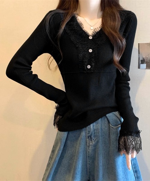 Miniministore(ミニミニストア)の「ニットトップス レース切り替えリブニット(ニット/セーター・レディース・ピンクベージュ/アイボリー/ブラック・FREE)」の9枚目の写真