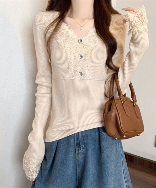 Miniministore(ミニミニストア)の「ニットトップス レース切り替えリブニット(ニット/セーター・レディース・ピンクベージュ/アイボリー/ブラック・FREE)」の11枚目の写真