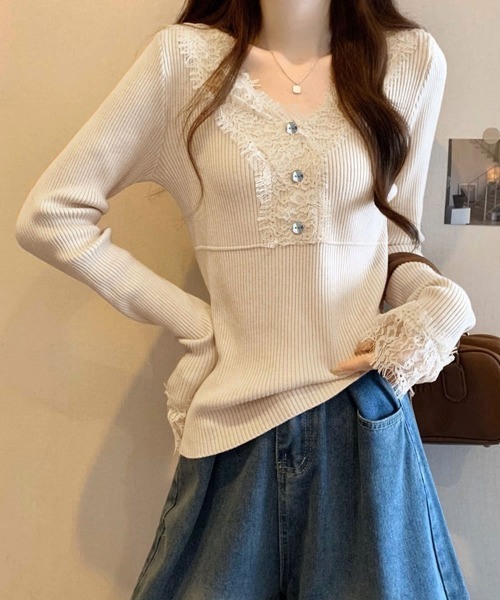 Miniministore(ミニミニストア)の「ニットトップス レース切り替えリブニット(ニット/セーター・レディース・ピンクベージュ/アイボリー/ブラック・FREE)」の12枚目の写真