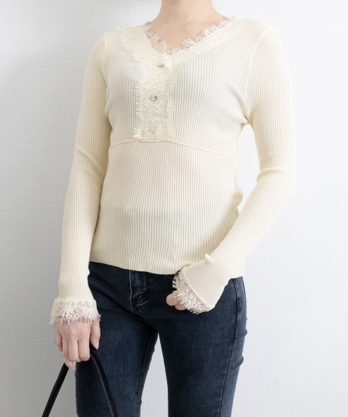 Miniministore(ミニミニストア)の「ニットトップス レース切り替えリブニット(ニット/セーター・レディース・ピンクベージュ/アイボリー/ブラック・FREE)」の14枚目の写真
