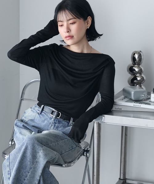 セール】シアーリブドレープオフショルダートップス（Tシャツ