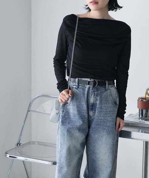 セール】シアーリブドレープオフショルダートップス（Tシャツ