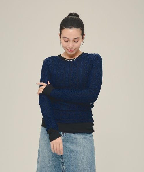 eL(エル)の「【eL】Lace Fit Pullover LS/287472(Tシャツ/カットソー・レディース・ホワイト/ブラック/ネイビー・FREE)」の1枚目の写真