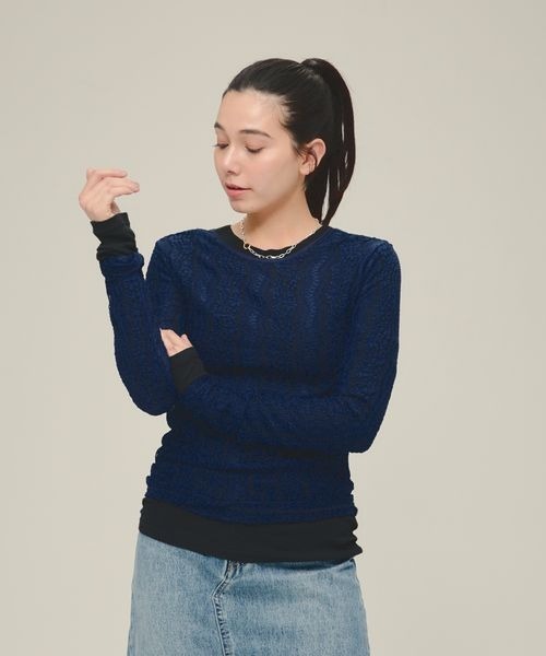 eL(エル)の「【eL】Lace Fit Pullover LS/287472(Tシャツ/カットソー・レディース・ホワイト/ブラック/ネイビー・FREE)」の11枚目の写真