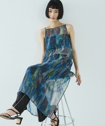 【前後着用可】水彩アート ニュアンス柄 2WAY シアー キャミワンピース ロング丈