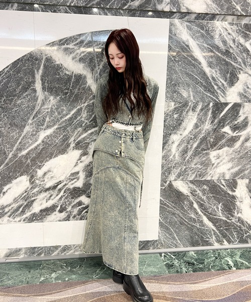 SOLA(ソラ)の「ショート丈ブリーチデニムジャケット(切替ライン×スタイルアップ)/【@9een2@】(デニムジャケット・レディース・インディゴブルー/ブラウン・FREE)」の6枚目の写真