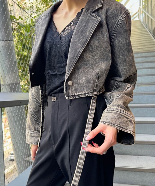 SOLA(ソラ)の「ショート丈ブリーチデニムジャケット(切替ライン×スタイルアップ)/【@9een2@】(デニムジャケット・レディース・インディゴブルー/ブラウン・FREE)」の14枚目の写真
