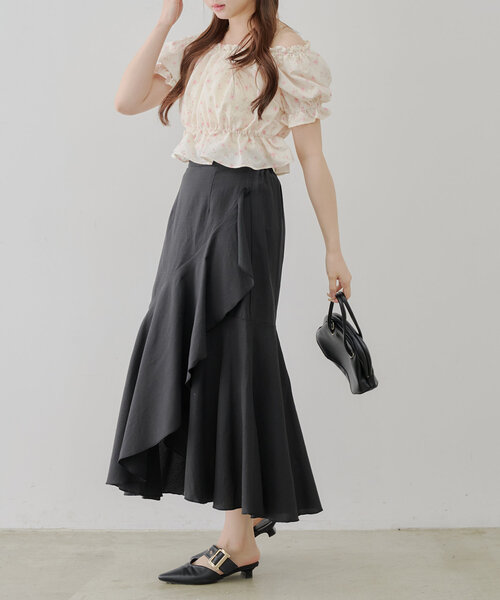 continuer de NICE CLAUP（コンティニューデナイスクラップ）の「【@reve.perle_セレクト】ラッフルロングスカート（スカート・レディース・チェック/ブラック・FREE）」の7枚目の写真