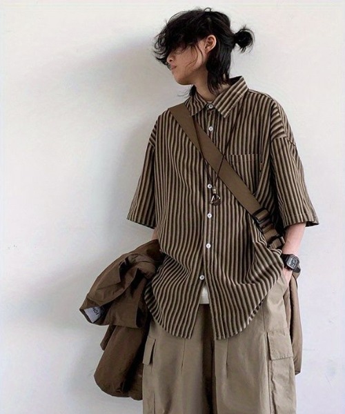 FreeZone(フリーゾーン)の「ストライプ半袖シャツ(シャツ/ブラウス・メンズ・ブラウン・F)」の15枚目の写真