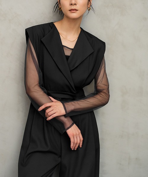 girl（ガール）の「スタンドアウトカラー オールインワン パンツドレス シアートップス 2点セット セットアップ ストライプ 結婚式 パーティードレス オケージョンドレス お呼ばれ 二次会 成人式 同窓会 謝恩会（パンツドレス・レディース・グレー系その他/ブラック/モカ/ブルーグレー・S/L/M）」の6枚目の写真