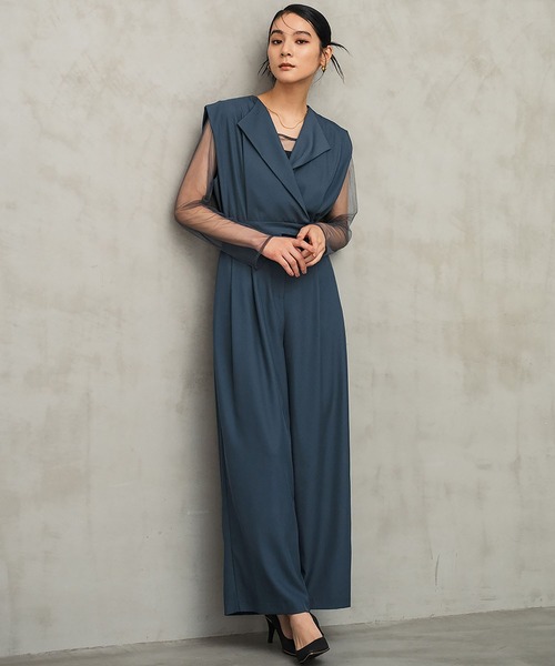 セール】スタンドアウトカラー オールインワン パンツドレス シアー