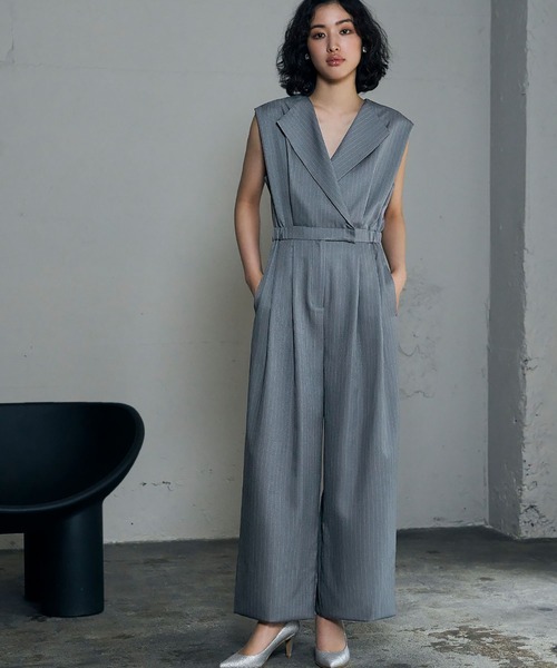 girl（ガール）の「スタンドアウトカラー オールインワン パンツドレス シアートップス 2点セット セットアップ ストライプ 結婚式 パーティードレス オケージョンドレス お呼ばれ 二次会 成人式 同窓会 謝恩会（パンツドレス・レディース・グレー系その他/ブラック/モカ/ブルーグレー・S/L/M）」の13枚目の写真