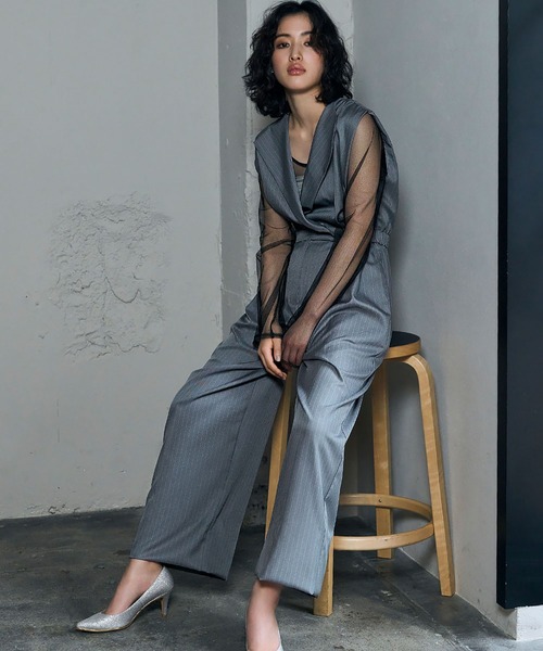 girl（ガール）の「スタンドアウトカラー オールインワン パンツドレス シアートップス 2点セット セットアップ ストライプ 結婚式 パーティードレス オケージョンドレス お呼ばれ 二次会 成人式 同窓会 謝恩会（パンツドレス・レディース・グレー系その他/ブラック/モカ/ブルーグレー・S/L/M）」の14枚目の写真