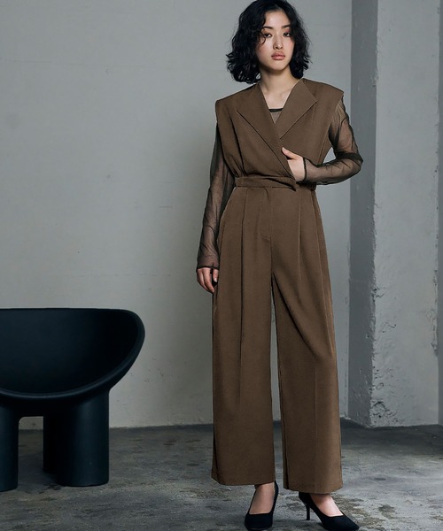 セール】スタンドアウトカラー オールインワン パンツドレス シアー